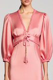 Robe Longue Satin Rose Trapèze Col V