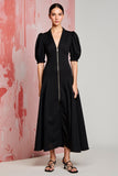 Robe Longue Satin Trapèze Noir Col V
