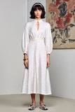 Robe Longue Blanc Satin Trapèze Col Montant