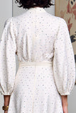Robe Longue Blanc Satin Trapèze Col Montant