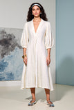 Robe Midi Ivoire Trapèze Satin Col V