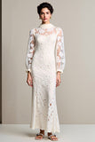 Robe Longue Ivoire Dentelle Fourreau Col Montant
