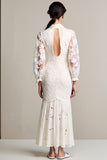 Robe Longue Ivoire Dentelle Fourreau Col Montant