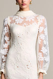 Robe Longue Ivoire Dentelle Fourreau Col Montant