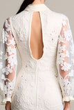 Robe Longue Ivoire Dentelle Fourreau Col Montant