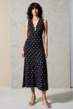 Robe Midi Noir Satin Trapèze Col V