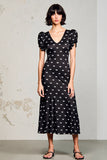 Robe Midi Satin Noir Trapèze Col V