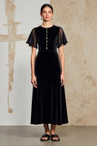 Robe Longue Noir Satin Trapèze Col Bijou