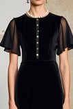Robe Longue Noir Satin Trapèze Col Bijou
