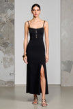 Robe Longue Noir Trapèze Satin Bretelles Spaghetti