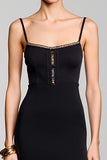 Robe Longue Noir Trapèze Satin Bretelles Spaghetti