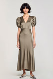 Robe Longue Olive Satin Fourreau Col V