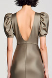 Robe Longue Olive Satin Fourreau Col V