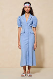 Robe Longue Bleu Satin Fourreau Revers Cranté
