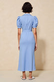 Robe Longue Bleu Satin Fourreau Revers Cranté