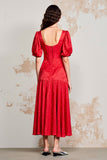 Robe Midi Rouge Imprimer Trapèze Col Carré