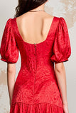 Robe Midi Rouge Imprimer Trapèze Col Carré
