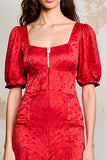 Robe Midi Rouge Imprimer Trapèze Col Carré