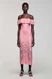 Robe Longue Rose Dentelle Fourreau Épaule Dénudée