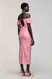 Robe Longue Rose Dentelle Fourreau Épaule Dénudée