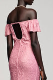 Robe Longue Rose Dentelle Fourreau Épaule Dénudée