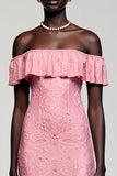 Robe Longue Rose Dentelle Fourreau Épaule Dénudée