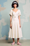 Robe Midi Ivoire Satin À Pois Trapèze Col V