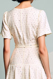 Robe Midi Ivoire Satin À Pois Trapèze Col V