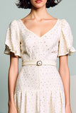Robe Midi Ivoire Satin À Pois Trapèze Col V
