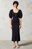 Robe Longue Noir Satin À Pois Fourreau Col Carré