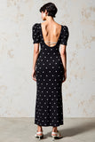 Robe Longue Noir Satin À Pois Fourreau Col Carré