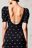Robe Longue Noir Satin À Pois Fourreau Col Carré