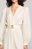 Robe Longue Ivoire Satin Trapèze Col V