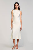 Robe Midi Ivoire Satin Fourreau Col Bijou