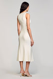 Robe Midi Ivoire Satin Fourreau Col Bijou