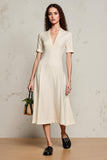Robe Midi Satin Ivoire Trapèze Col V