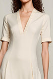 Robe Midi Satin Ivoire Trapèze Col V