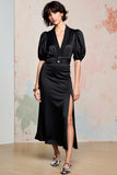 Robe Noir Midi Satin Trapèze Col V