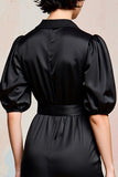 Robe Noir Midi Satin Trapèze Col V