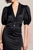 Robe Noir Midi Satin Trapèze Col V