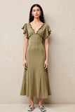 Robe Longue Olive Satin Trapèze Col V