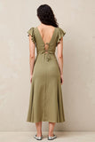 Robe Longue Olive Satin Trapèze Col V