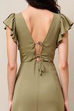 Robe Longue Olive Satin Trapèze Col V