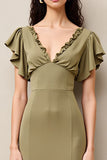 Robe Longue Olive Satin Trapèze Col V