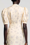 Robe Midi Ivoire Imprimer Trapèze Avec Col