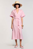 Robe Midi Rose Satin Trapèze Revers Cranté
