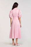 Robe Midi Rose Satin Trapèze Revers Cranté