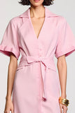 Robe Midi Rose Satin Trapèze Revers Cranté