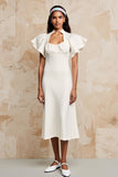 Robe Midi Ivoire Satin Trapèze Col Carré