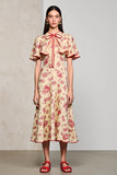 Robe Midi Abricot Imprimer Trapèze Col Bijou